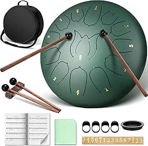 CAHAYA Tambor de lingueta de aço de 12 polegadas com 13 notas, livro de música, baquetas de tambor, dedais e saco de transporte verde musgo, CY00374-1