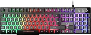 Rii RK100 Plus teclado retroiluminado Gaming, 7 cores Rainbow LED, teclado para jogos com cabo USB, Disposição QWERTY espanhol