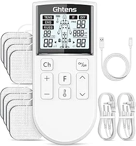 GHTENS Eletroestimulador muscular 5 em 1, profissional, recarregável 80 modos de estimulação, com função TENS/EMS/RUSS/IF/DIY e massagem, 2 canais, 16 intensidade, para alívio da dor (branco)