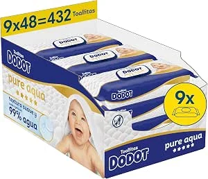 Dodot Toalhetes Pure Aqua para bebé, 432 toalhetes (9 pacotes de 48 unidades), ajudam a restaurar o PH natural da pele, 99% água, sem plástico
