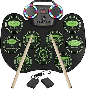 Bateria eletrónica E-Drum Kit, Bonvvie tambor digital rolo portátil recarregável com 9 almofadas, MIDI, DTC, altifalantes integrados, ideal para crianças, estudantes, iniciantes, entusiastas