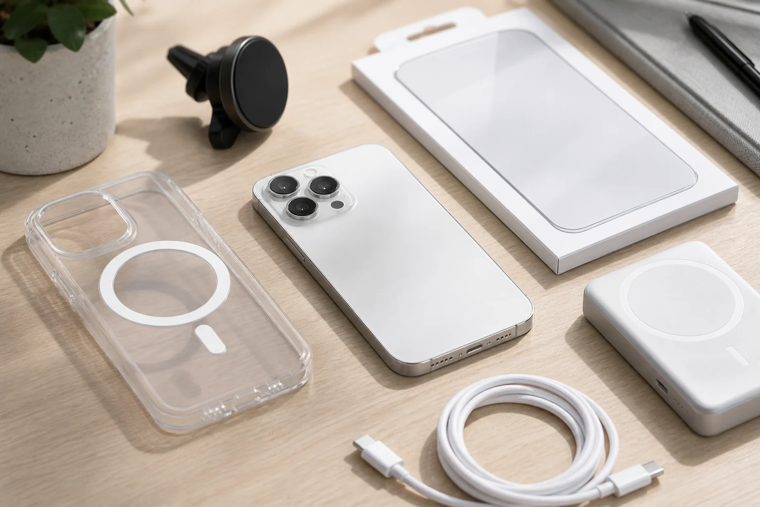 Capa transparente MagSafe, película, suporte de carro, bateria externa e cabo USB-C à volta de um iPhone numa mesa (imagem ilustrativa)