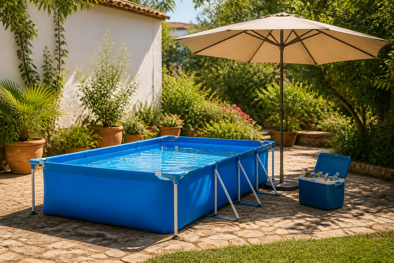 Piscina retangular azul desmontável num pátio com plantas, guarda-sol e geleira com bebidas, num dia de sol (imagem ilustrativa)