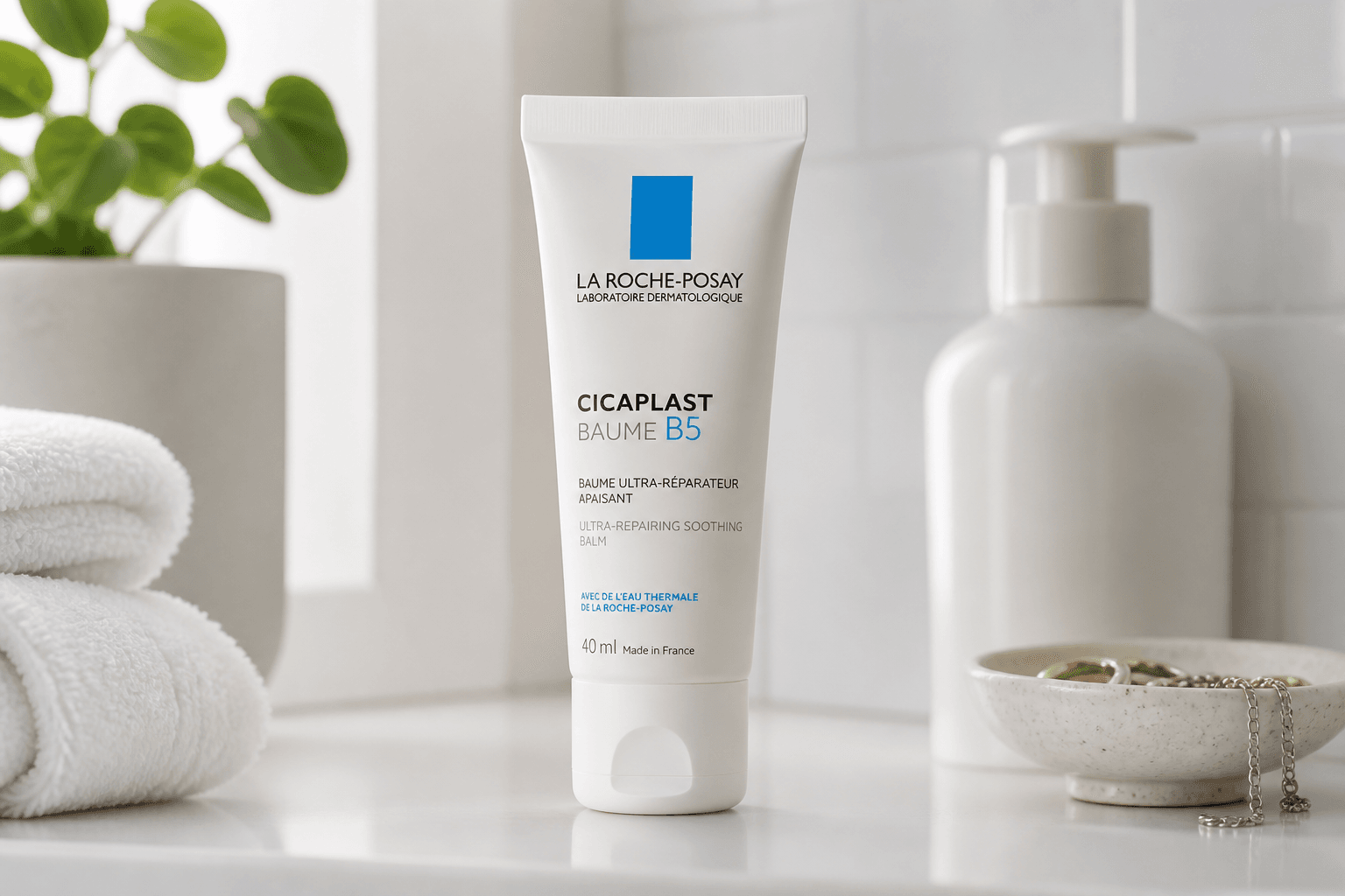 Tubo de bálsamo Cicaplast Baume B5 da La Roche-Posay numa bancada branca, com toalhas dobradas e um frasco com bomba ao fundo