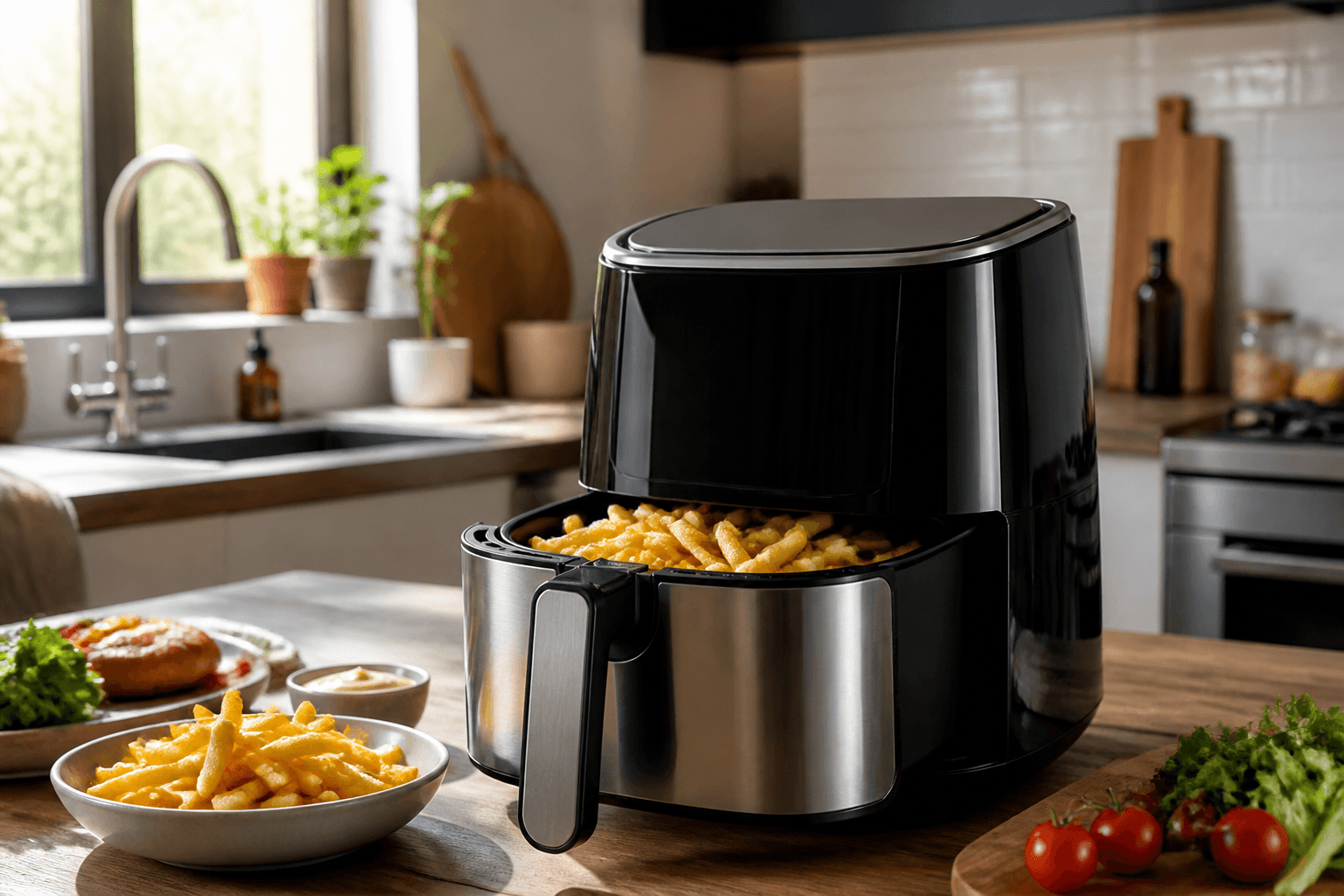 Air fryer preta com o cesto aberto e batatas fritas, numa bancada de cozinha com legumes e uma taça de batatas (imagem ilustrativa)