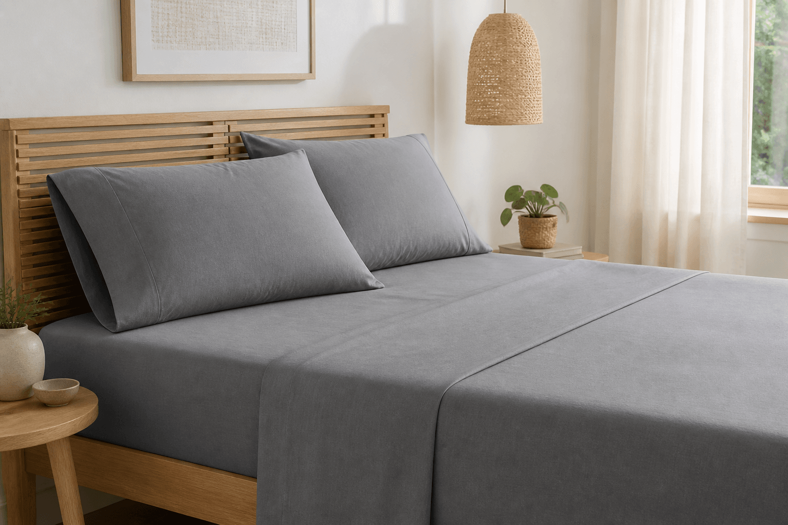 Conjunto de lençóis cinzentos com almofadas numa cama de madeira clara, num quarto com cortinas de linho (imagem ilustrativa)