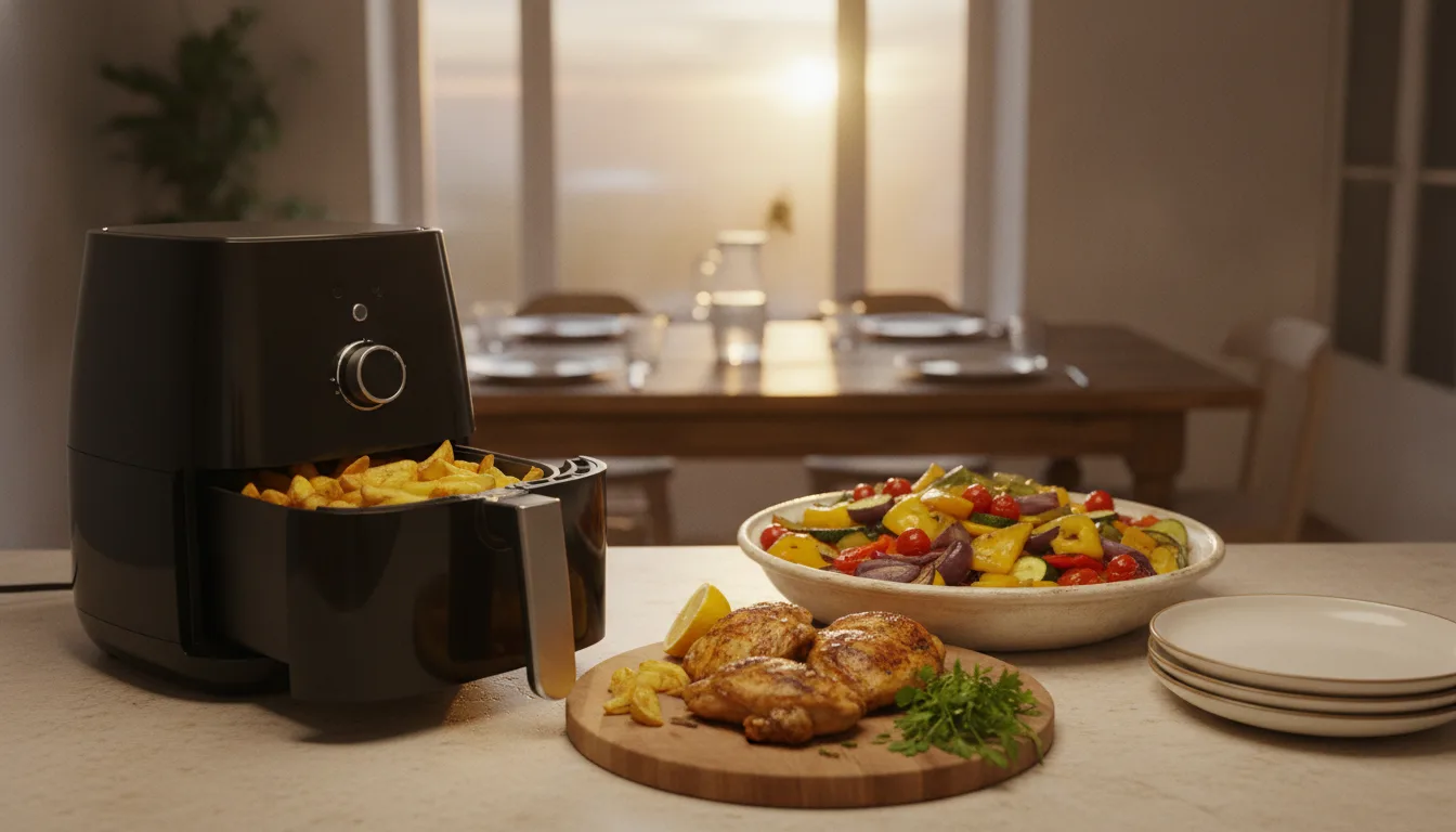 Air fryer aberta com batatas numa bancada de cozinha, ao lado de frango e legumes, com a mesa posta para quatro ao fundo (imagem ilustrativa)