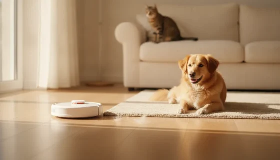 Robot aspirador branco num chão de madeira junto a um tapete onde está deitado um cão, com um gato no sofá ao fundo (imagem ilustrativa)