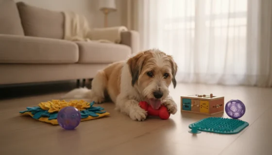 Cão deitado no chão da sala a roer um brinquedo de borracha, rodeado de um tapete olfativo, uma bola, um jogo de caixas e um tapete de lamber (imagem ilustrativa)