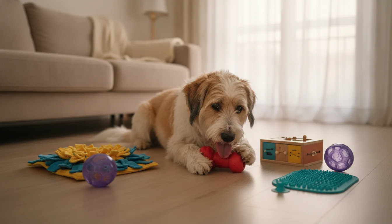 Cão deitado no chão da sala a roer um brinquedo de borracha, rodeado de um tapete olfativo, uma bola, um jogo de caixas e um tapete de lamber (imagem ilustrativa)