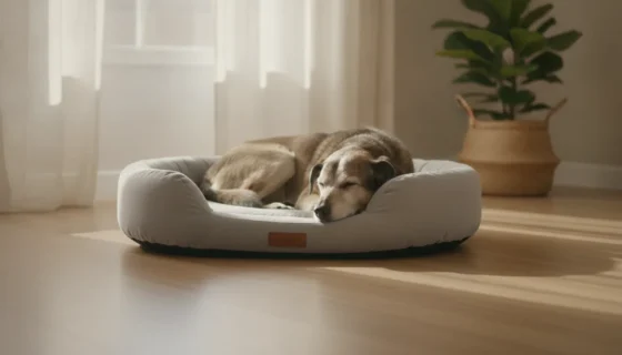 Cão idoso de focinho grisalho a dormir numa cama ortopédica cinzenta com rebordo, numa sala iluminada (imagem ilustrativa)