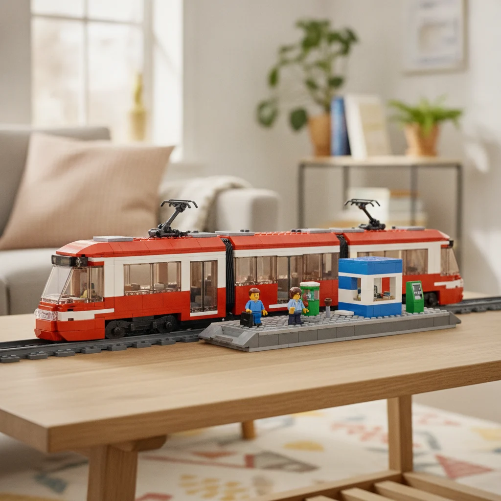 Ilustração gerada por IA de um elétrico LEGO vermelho e branco junto a uma paragem, sobre uma mesa de madeira