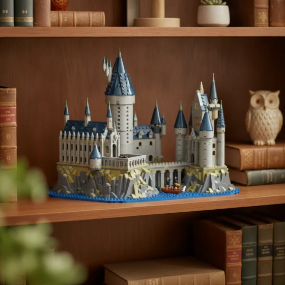 Imagem ilustrativa gerada por IA do castelo LEGO Hogwarts 76419 numa estante