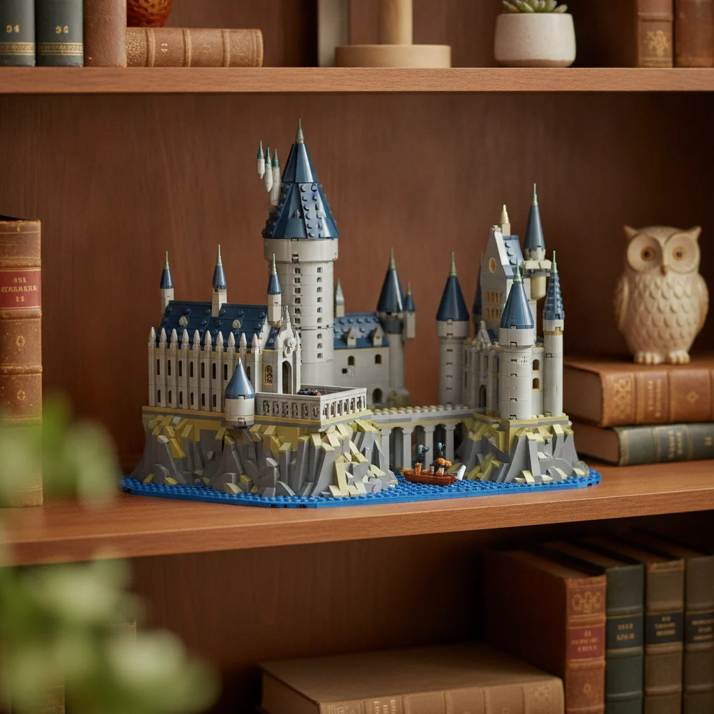 Imagem ilustrativa gerada por IA do castelo LEGO Hogwarts 76419 numa estante
