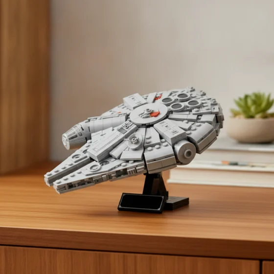 Ilustração do LEGO Millennium Falcon 75375 exposto no suporte inclinado numa secretária