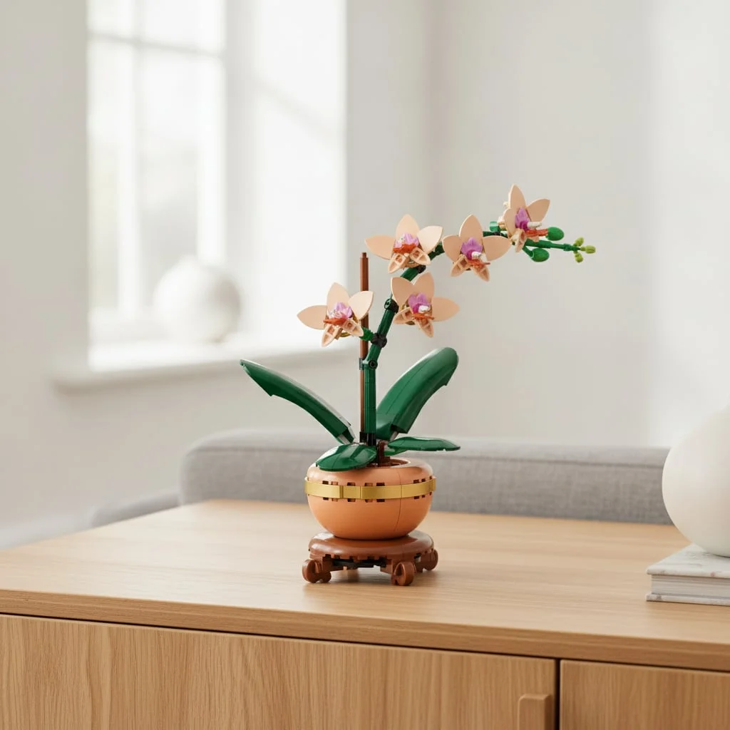 Orquídea LEGO montada, com flores cor de pêssego e vaso cor de terracota, num aparador de madeira (ilustração)