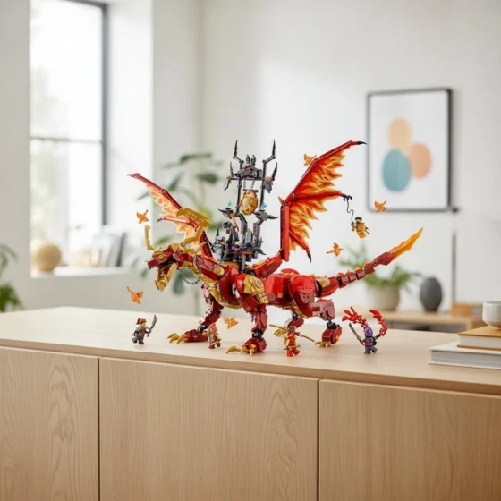 Dragão LEGO NINJAGO vermelho de asas abertas sobre um aparador de madeira, com minifiguras ao lado (imagem ilustrativa gerada por IA)