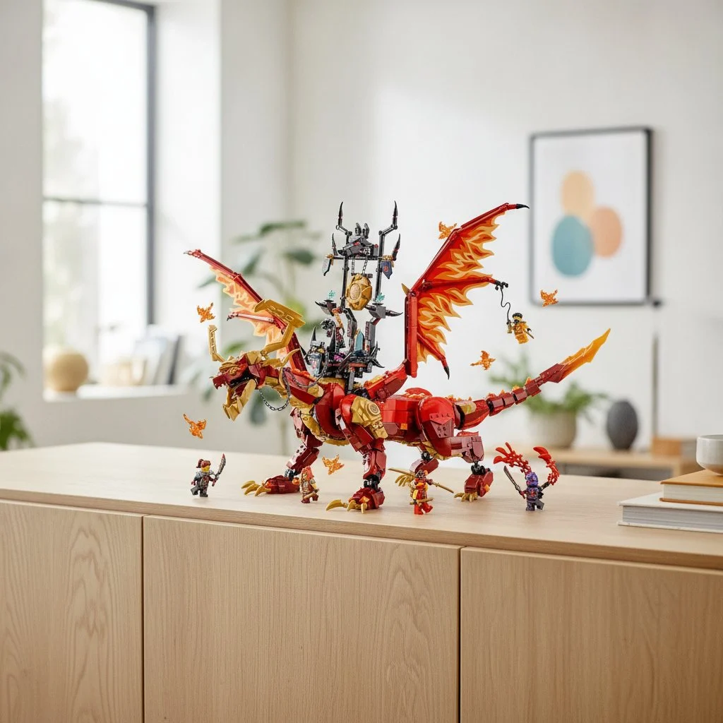 Dragão LEGO NINJAGO vermelho de asas abertas sobre um aparador de madeira, com minifiguras ao lado (imagem ilustrativa gerada por IA)