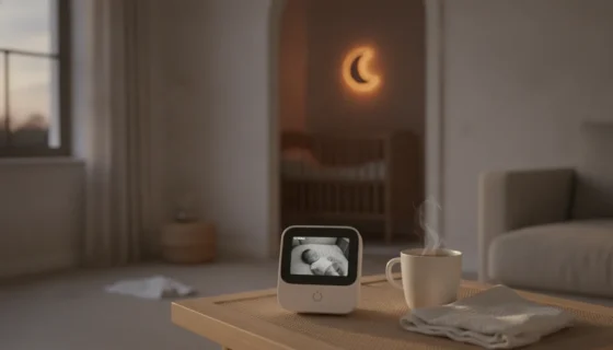 Monitor de bebé com ecrã numa mesa de sala, com o quarto do bebé e o berço ao fundo (imagem ilustrativa)