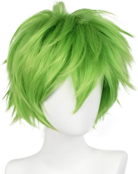 Bekider, peruca curta verde de cosplay para homem com franja