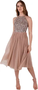 Maya Deluxe, vestido midi de tule com decote halter