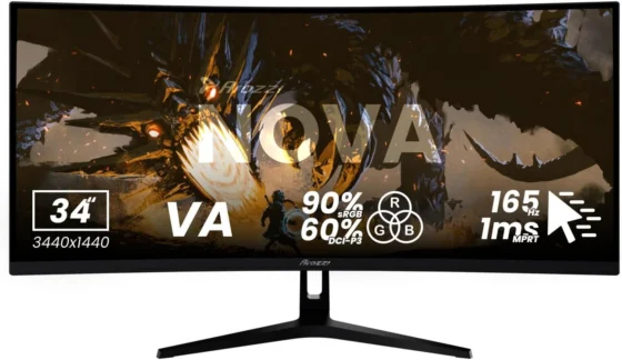 Arozzi Nova Monitor de Gaming Curvo VA UWQHD de 3440 × 1440, 165 Hz
