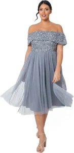 Maya Deluxe, vestido midi de lantejoulas com decote Bardot