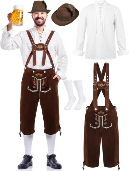 SOMSOC, fato Lederhosen bávaro para homem, 4 peças