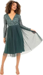Maya Deluxe, vestido midi de manga comprida com lantejoulas