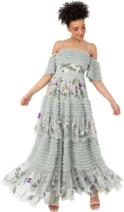Maya Deluxe, vestido comprido de ombros descobertos e tule