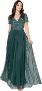 Maya Deluxe, vestido longo com decote em V e mangas curtas