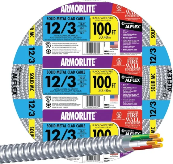 Southwire 12/3 MC, cabo elétrico blindado de 100 pés
