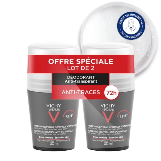 Vichy Homme, antitranspirante roll-on 72h, 2 x 50 ml