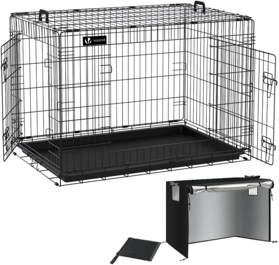 VOUNOT® Gaiola para cães com fio metálico de 2 portas, preto