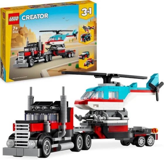 LEGO Creator 3 em 1, camião plataforma com helicóptero convertível