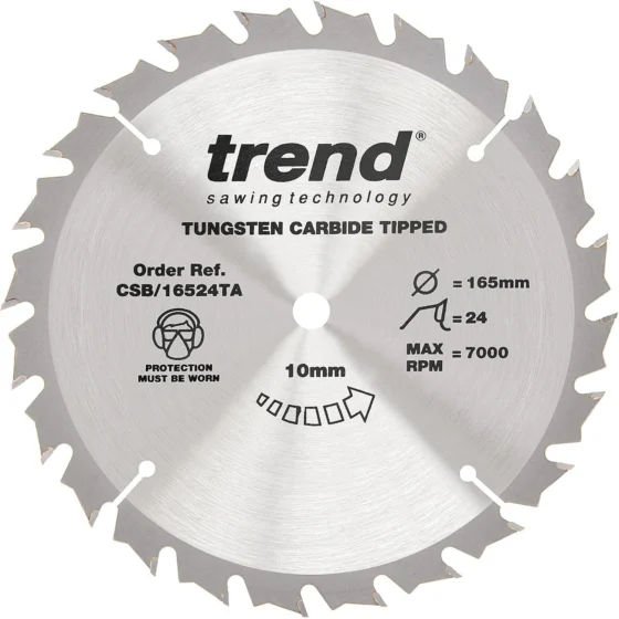 Trend Lâmina serra circular madeira 165 mm 24T TCT +15 ° broca 10 mm