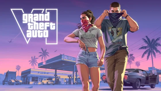 Ilustração oficial do Grand Theft Auto VI pela Rockstar Games com os protagonistas Jason e Lucia em primeiro plano, viatura e palmeiras ao entardecer sob o logótipo do jogo.
