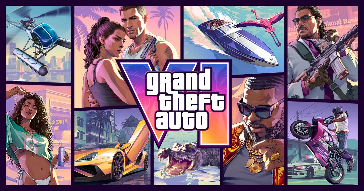 Mosaico da arte oficial do GTA VI com o logótipo ao centro, Jason e Lucia, uma lancha, um descapotável amarelo, um crocodilo e uma mota numa rua de Vice City