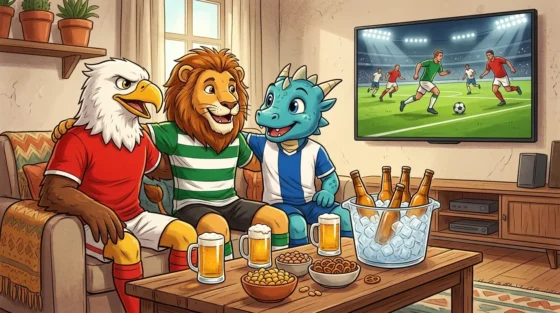 Ilustração de convívio na sala com mascotes dos Três Grandes a assistir a jogo de futebol com cerveja e petiscos (imagem ilustrativa)